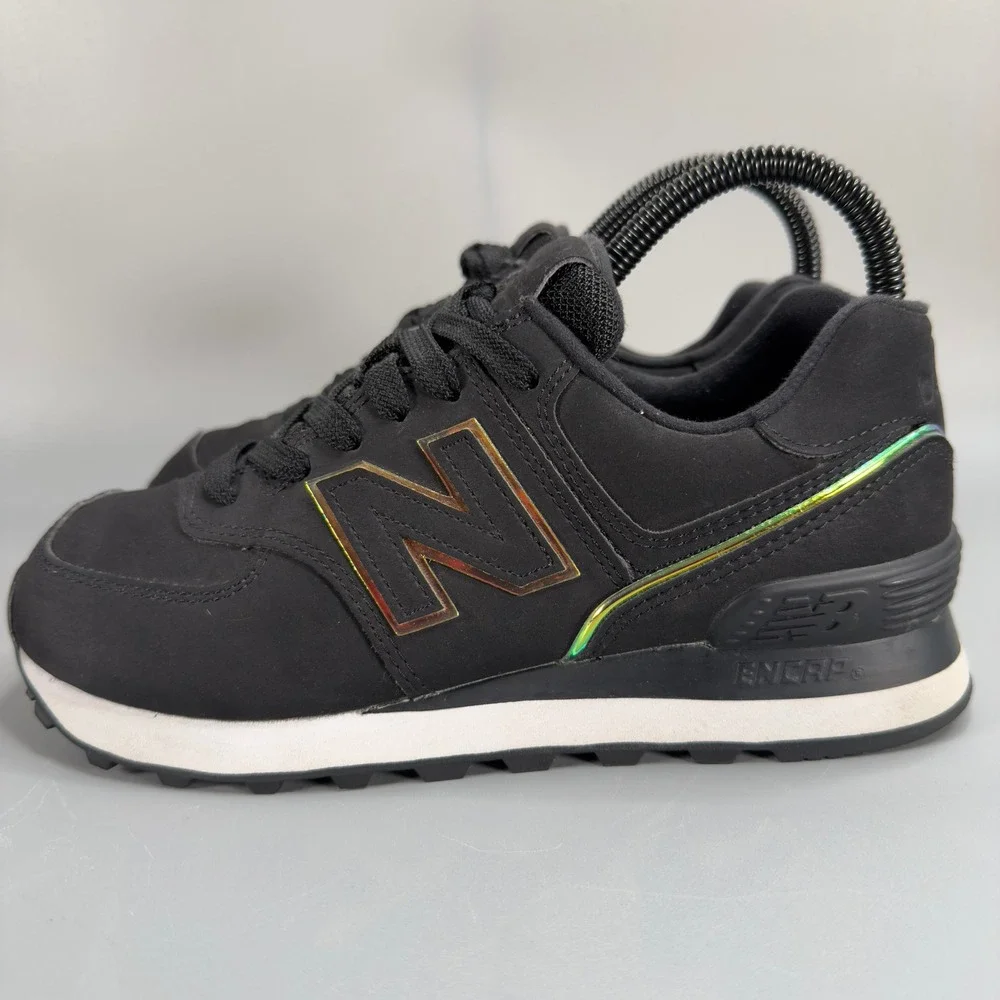 New Balance 574 Womens 6 B Casual Sneaker Black Iridescent Low Lace Up Dad Shoes